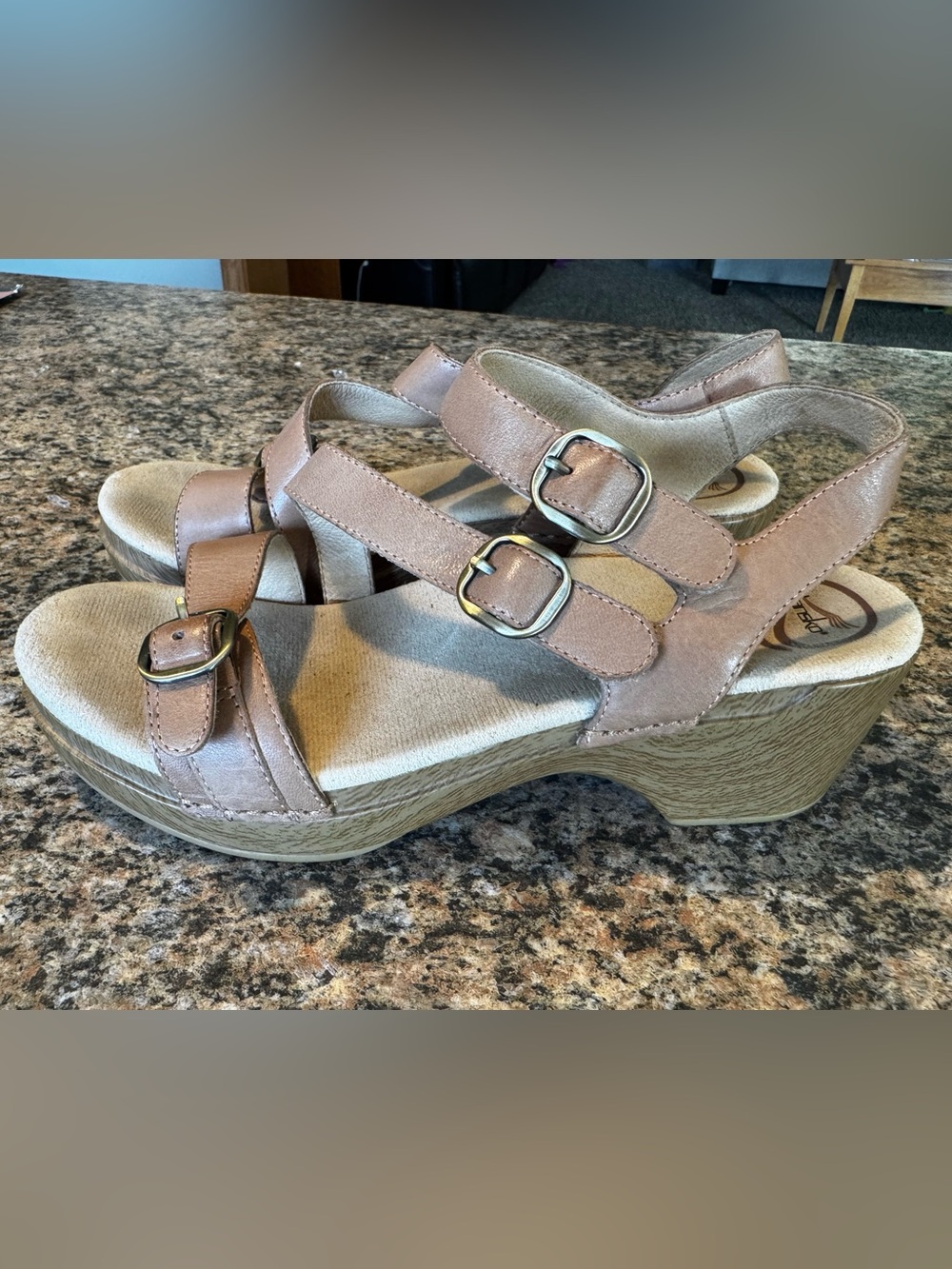 Sold Sacha Sandals wedge platform heels strappy woman’s 38 comfort tan